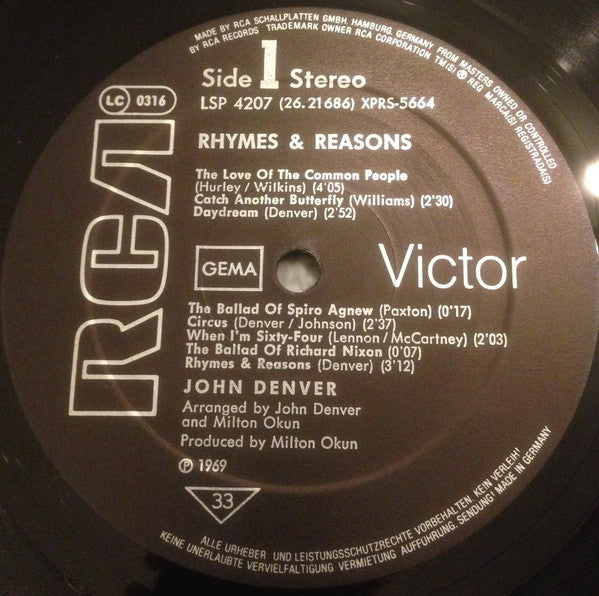 John Denver : Rhymes & Reasons (LP, Album, RE)
