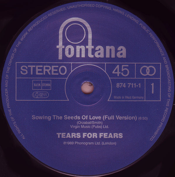 Tears For Fears : Sowing The Seeds Of Love (12", Single)