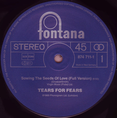 Tears For Fears : Sowing The Seeds Of Love (12", Single)