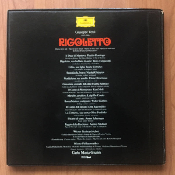 Giuseppe Verdi  -  Piero Cappuccilli, Ileana Cotrubas, Placido Domingo, Elena Obraztsova, Nicolai Ghiaurov, Kurt Moll, Hanna Schwarz, Wiener Staatsopernchor ,  Wiener Philharmoniker, Carlo Maria Giulini : Rigoletto (3xLP, RE + Box)