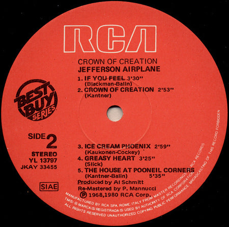 Jefferson Airplane : Crown Of Creation (LP, Album, RE, RM)