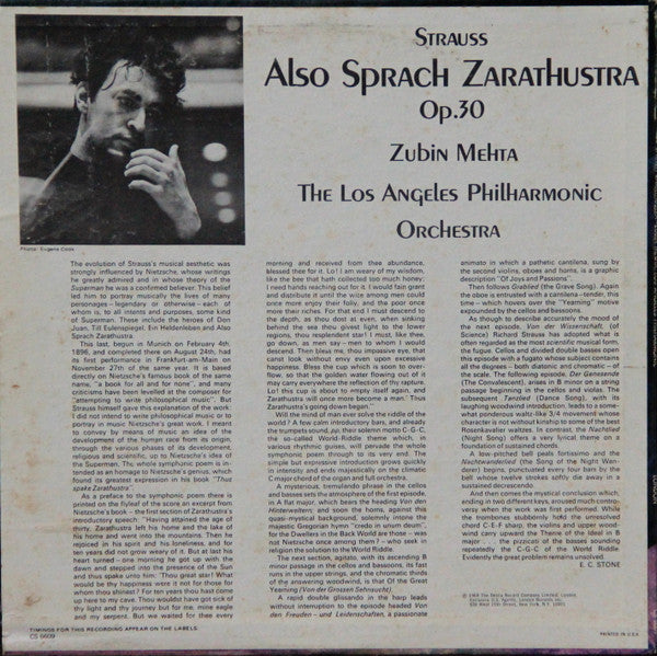 Richard Strauss, Los Angeles Philharmonic Orchestra, Zubin Mehta : Also Sprach Zarathustra (LP, Album)