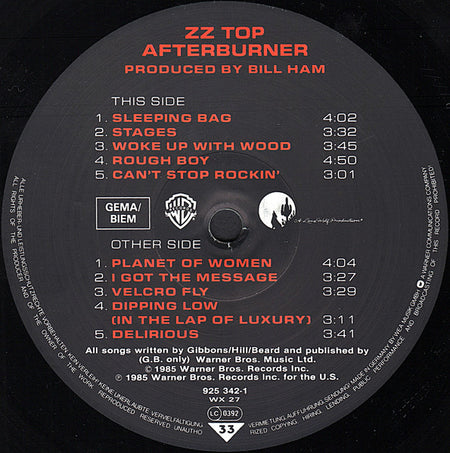 ZZ Top : Afterburner (LP, Album, Tel)