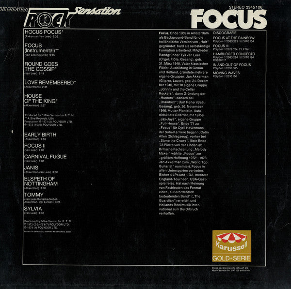Focus (2) : The Greatest Rock Sensation (LP, Comp)