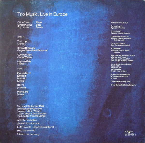 Chick Corea, Miroslav Vitous, Roy Haynes : Trio Music, Live In Europe (LP, Album)