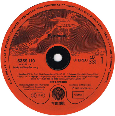 Def Leppard : Pyromania (LP, Album, Red)