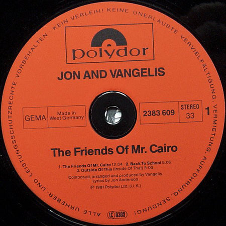 Jon & Vangelis : The Friends Of Mr. Cairo (LP, Album)