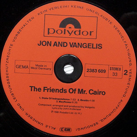 Jon & Vangelis : The Friends Of Mr. Cairo (LP, Album)