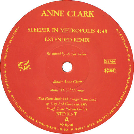 Anne Clark : Sleeper In Metropolis (Extended Remix) (12", Maxi)