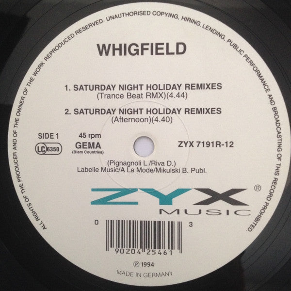 Whigfield : Saturday Night (Holiday Remixes) (12", Maxi)