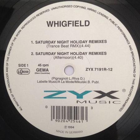Whigfield : Saturday Night (Holiday Remixes) (12", Maxi)