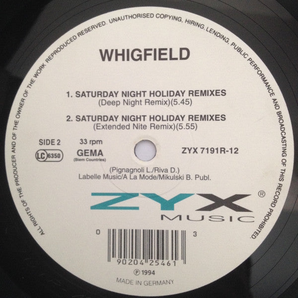 Whigfield : Saturday Night (Holiday Remixes) (12", Maxi)