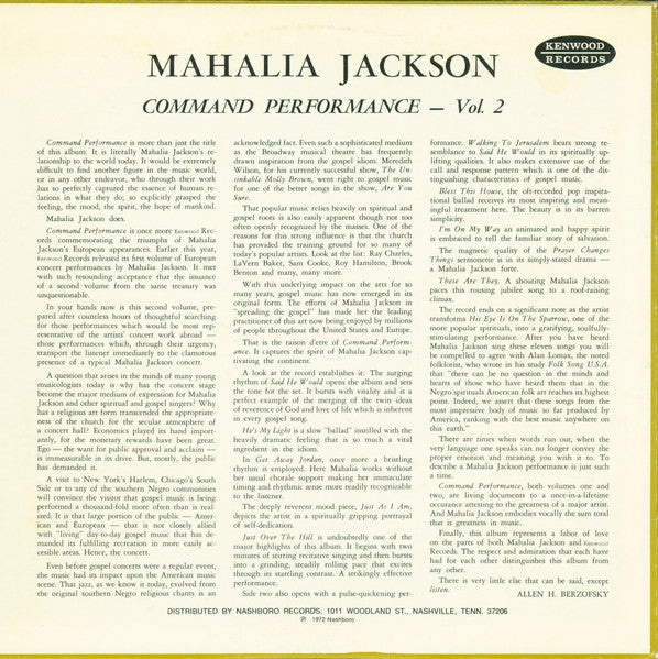 Mahalia Jackson : Kenwood Records Requests The Honor Of Your Presence At The Command Performance Of Mahalia Jackson Re-Creating Her European Concert Tour - Vol. 2 (LP, Comp, RE, Nas)