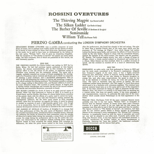 Gioacchino Rossini, London Symphony Orchestra, Pierino Gamba : Overtures (Thieving Magpie . Silken Ladder . Barber Of Seville . Semiramide . William Tell) (LP, RE, RM, 180)
