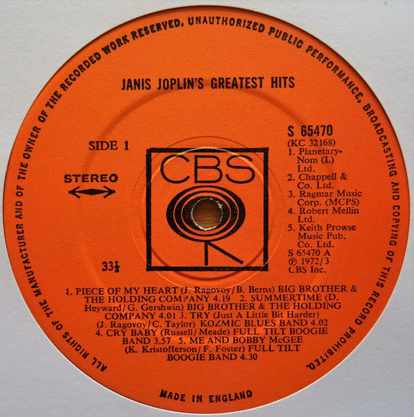 Janis Joplin : Janis Joplin's Greatest Hits (LP, Comp, Ora)