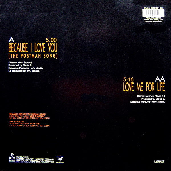 Stevie B : Because I Love You (The Postman Song) / Love Me For Life (12", Maxi)