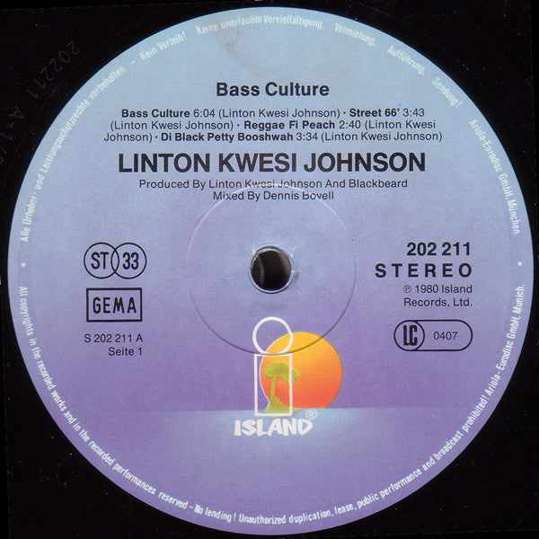 Linton Kwesi Johnson : Bass Culture (LP, Album, RP)