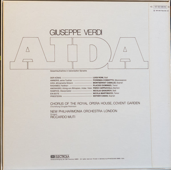 Giuseppe Verdi, Montserrat Caballé, Placido Domingo, Fiorenza Cossotto, Piero Cappuccilli, Nicolai Ghiaurov, New Philharmonia Orchestra, Chorus Of The Royal Opera House, Covent Garden, Riccardo Muti : Aida (3xLP, Album, Quad + Box)