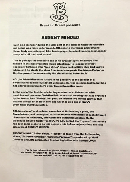 Absent Minded : Topics (12", EP, W/Lbl)
